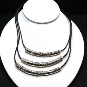 Vintage Chico’s Triple Leather Necklace Silver Tone Tube Pendants 20 Inch